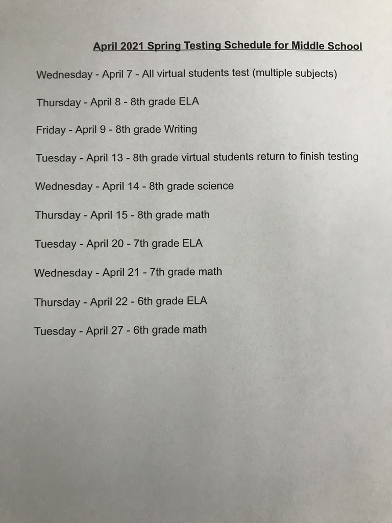 Middle School State Testing Schedule