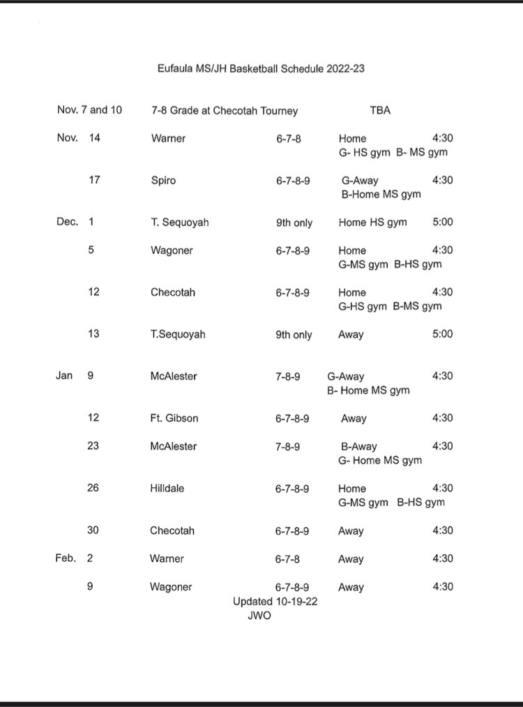 MS/JH Basketball schedule 22-23